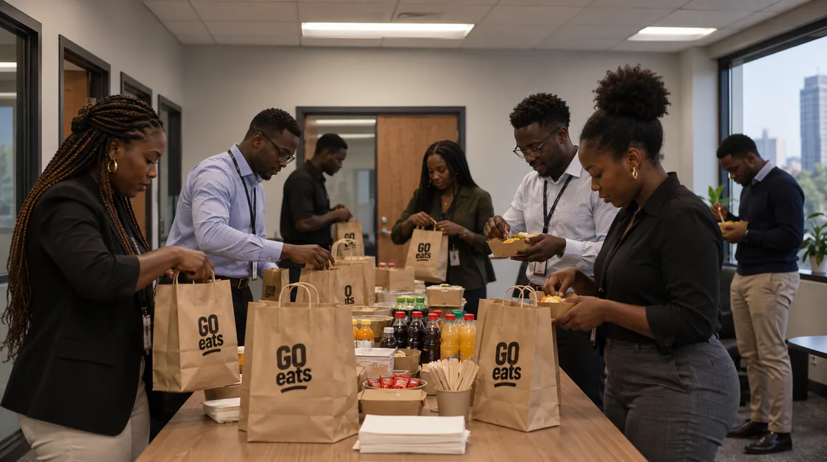 Colleagues gathered around an office table stacked with GO eats paper bags, takeaway boxes and cold drinks at a team lunch.