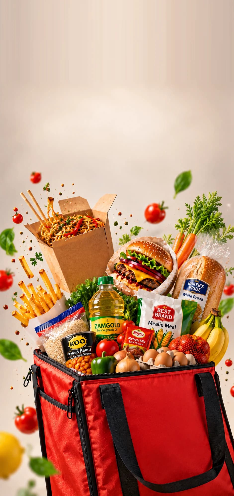A red insulated delivery bag overflowing with a cheeseburger, a box of noodles, fries and fresh groceries — bread, bananas, eggs, vegetables and pantry staples.