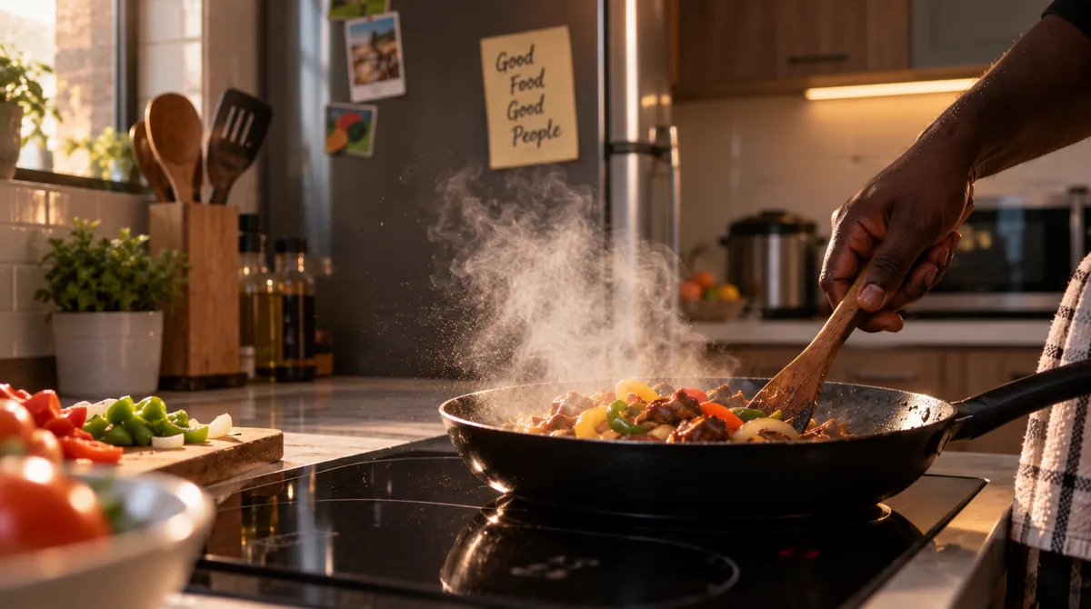 A cook tossing beef, peppers and onions in a hot pan in a home kitchen at golden hour.