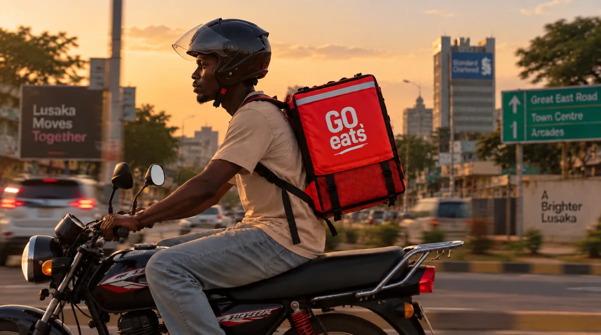 A GO eats rider carrying a red insulated delivery box rides through Lusaka traffic at sunset.