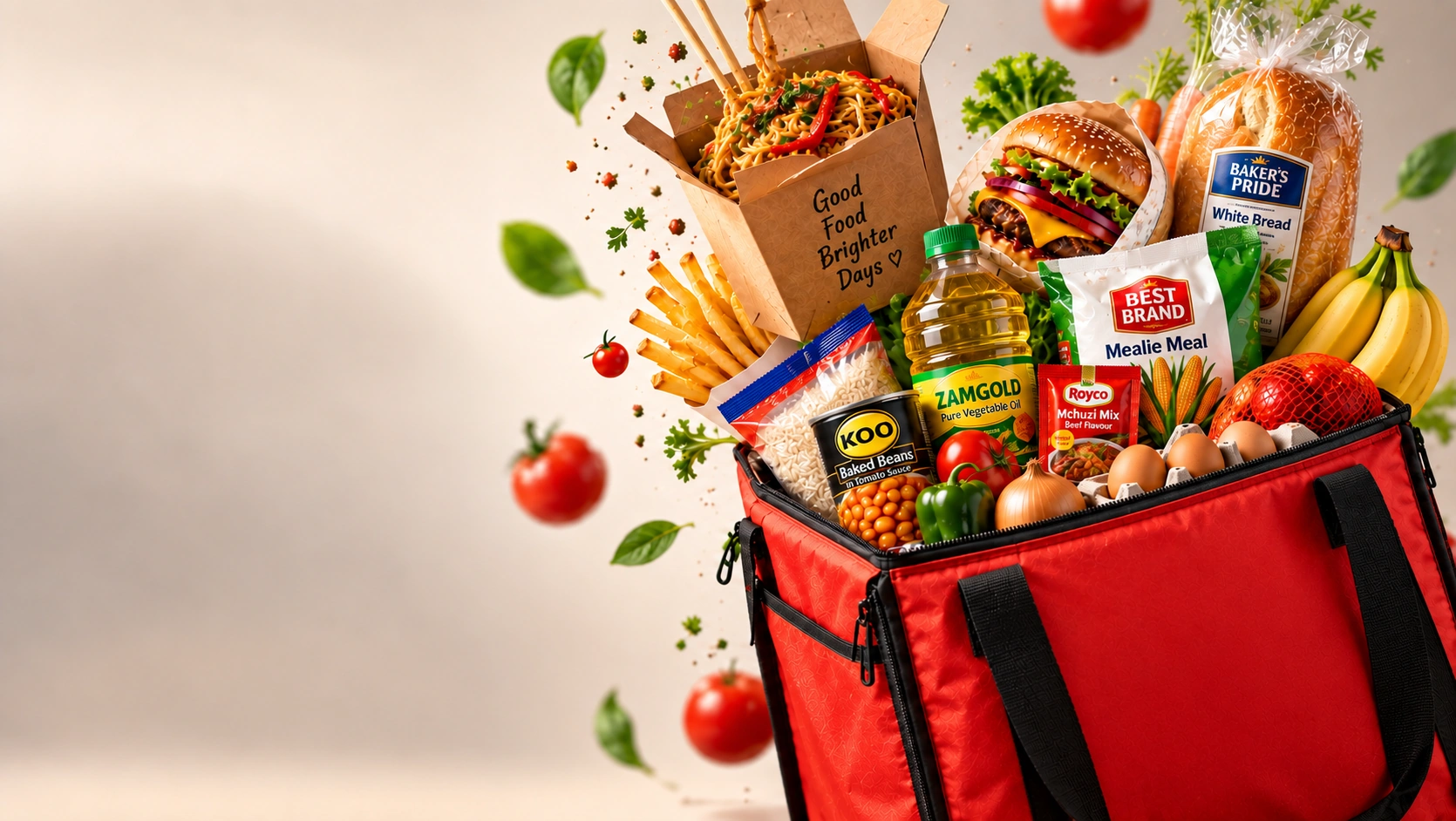 A red insulated delivery bag overflowing with a cheeseburger, a box of noodles, fries and fresh groceries — bread, bananas, eggs, vegetables and pantry staples.